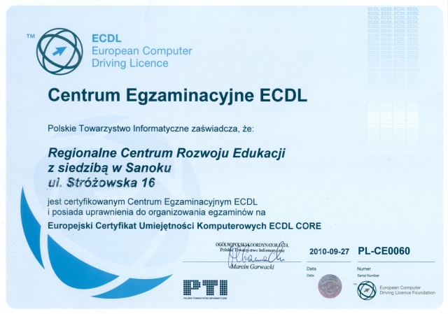 Certyfikat Centrum Egzaminacyjnego ECDL